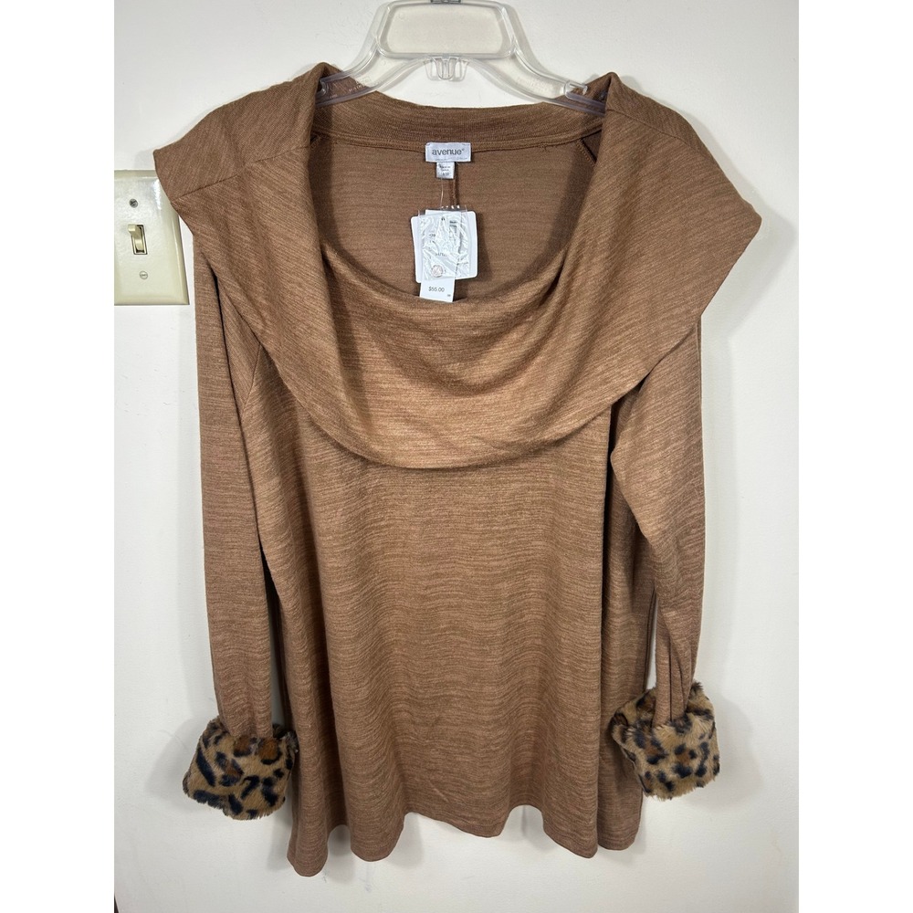 Avenue Cowl Neck Sweater Top‎ Women 18/20 Brown Leopard Faux Fur Removable Cuff